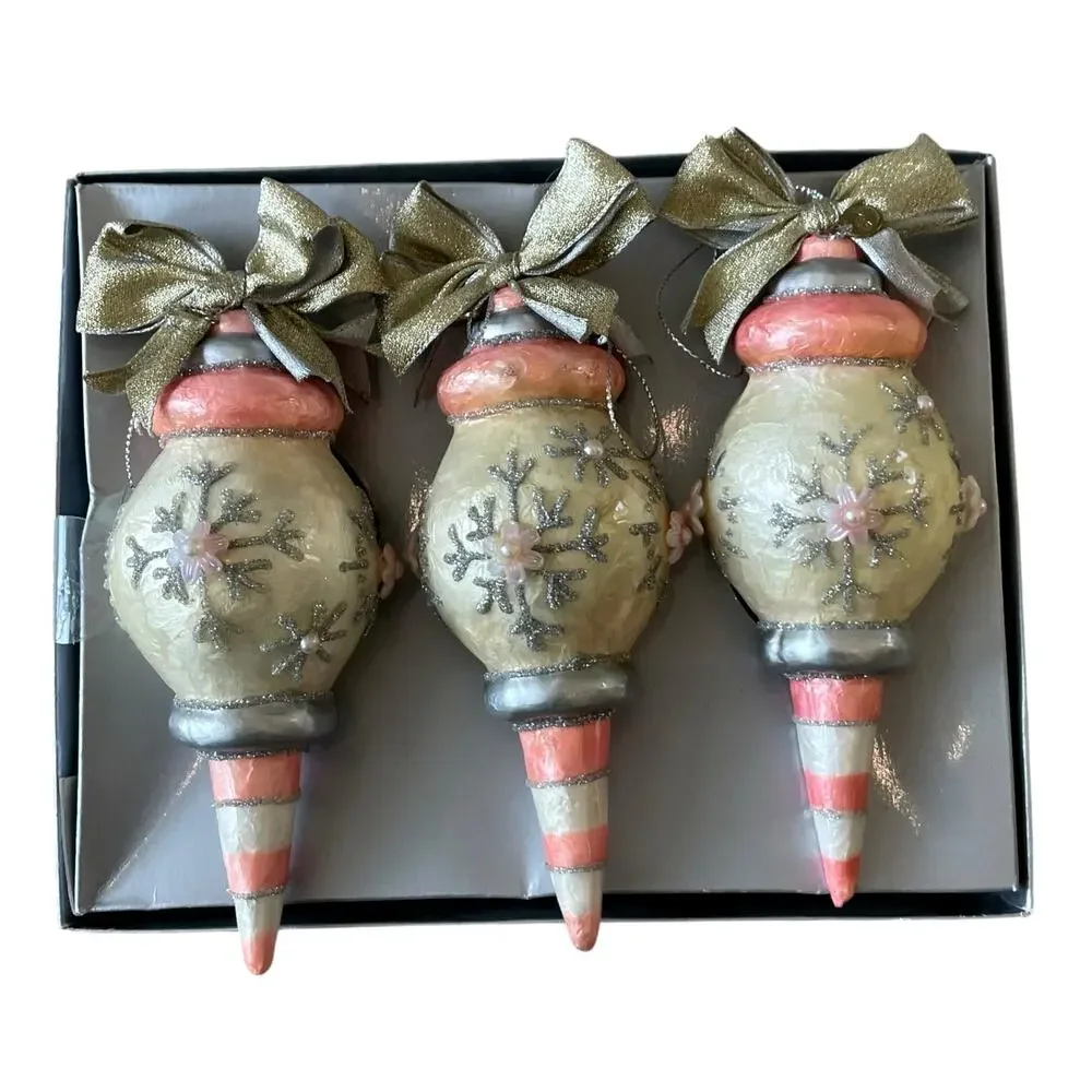 RETIRED Mackenzie-Childs Home Sweet Snow Capiz Ornament Set of 3 NEW